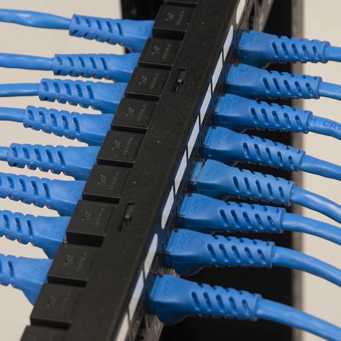 ICC CAT5e Feed-Through Patch Panel, 24 Port, 1U Rackmount, RJ45 Ethernet Patch Panel, No Punch Down, PoE++ and TAA Compliant, Black