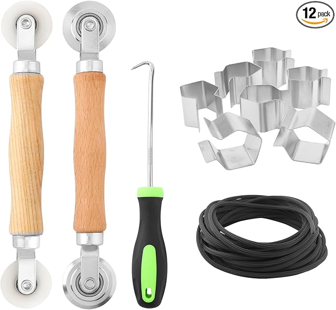 Window Screen Repair Kit, Steel/Nylon Roller Tool with Bearing+8pcs Screen Clips+32ft Screen Spline+Spline Removal Hook, 5 in 1 Screen Roller Tool Kit for Installing Door Mesh Screens