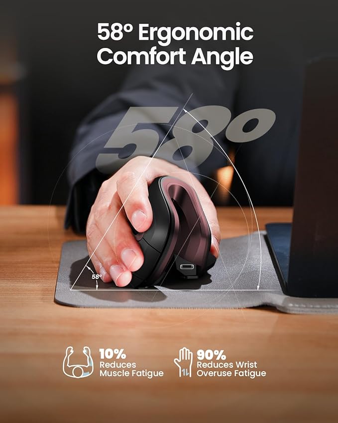 ProtoArc Ergonomic Vertical Mouse, EM11 NL Rechargeable Wireless Mouse Bluetooth, Ergo Mice with 3 Multi-Device for PC/Notebook/Laptop, 2.4GHz Optical Mice for Windows, Mac OS, Wine Red