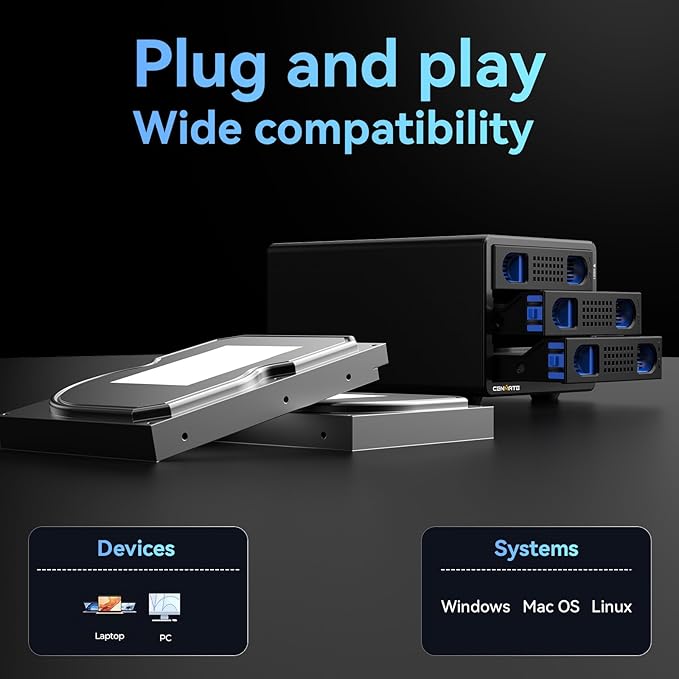 3 Bay 10Gbps Hard Drive Enclosure with Cooling Fan for 2.5“/3.5" SATA HDD/SSD with USB A/C 3.2 Gen 2, Support Hot Swappable, Daisy Chain Expansion, Tool-Free, DAS(NO RAID/NAS)