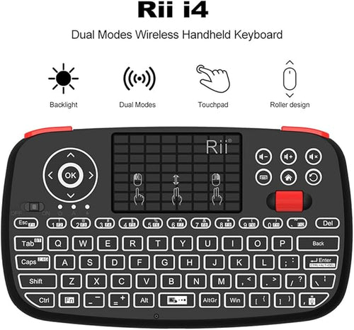 (Upgrade) Rii i4 Mini Bluetooth Keyboard with Touchpad, Blacklit Portable Wireless Keyboard with 2.4G USB Dongle for Smartphones, PC, Tablet, Laptop TV Box iOS Android Windows Mac.Black