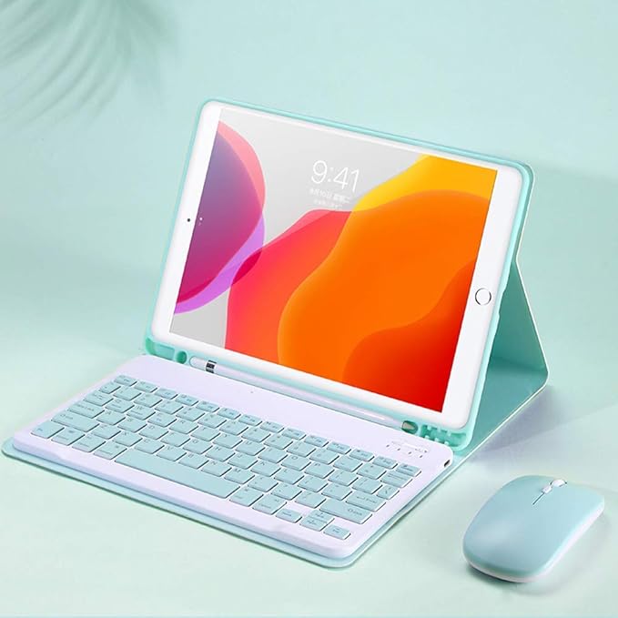 AnMengXinLing Lovely Keyboard Case for iPad 9th/8th/7th Generation with Mouse,Case for iPad9 iPad8 iPad7 10.2 inch with Pencil Holder and Deatachable Keyboard Mouse, Sky Blue