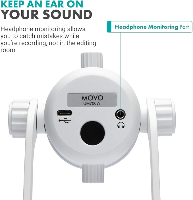 Movo UM700W White Desktop USB Microphone for Computer - Studio Mic with 4 Pickup Patterns - USB Gaming Microphone for PC, Mac, and Android - Best Mic for Podcast Recording and Streaming Setup