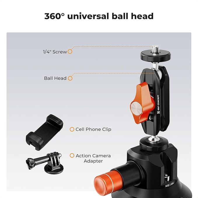 K&F Concept 3" Suction Cup Mount with 360° Double Ball Head Magic Arm, 1/4" Screw Threads, Quick Release Car Mount Compatible with DJI Insta360 for Action Camera Phone Video