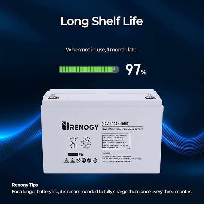Renogy Deep Cycle AGM 12 Volt 100Ah Battery, 3% Self-Discharge Rate, 1100A Max Discharge Current, Safe Charge Appliances for RV, Camping, Cabin, Marine and Off-Grid System, Maintenance-Free
