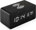 OCT17 Alarm Clock with Qi Wireless Charging Pad Compatible with iPhone Samsung Wood LED Digital Clock Sound Control Function, Time Date, Temperature Display for Bedroom Office Home - Black