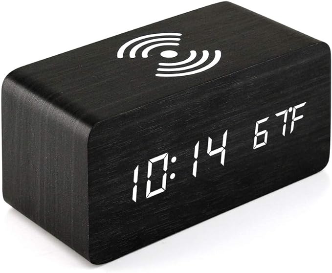 OCT17 Alarm Clock with Qi Wireless Charging Pad Compatible with iPhone Samsung Wood LED Digital Clock Sound Control Function, Time Date, Temperature Display for Bedroom Office Home - Black