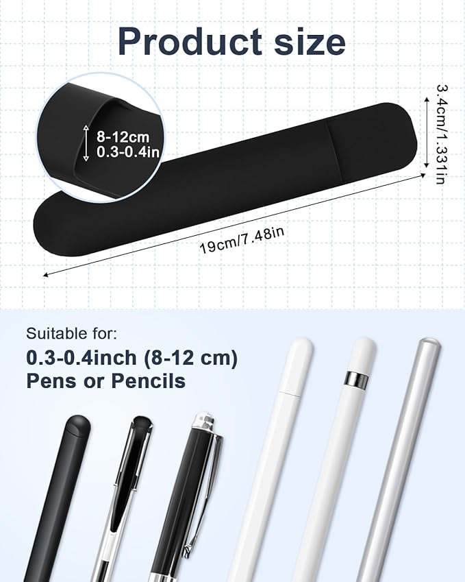 eZAKKA Silicone Pencil Holder For Most Pens,Pencils, 7.8 inch Self-Adhesive Stick To Notebooks,Diary, Desks,Tablet, Black, 1 Pack