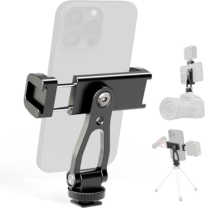 All Metal Phone Tripod Mount, 360° Rotation Tripod Phone Mount with 2 Cold Shoes, Adjustable Cell Phone Mount Adapter with 1/4" Thread, Compatible with iPhone Android Phones, Digital Camera