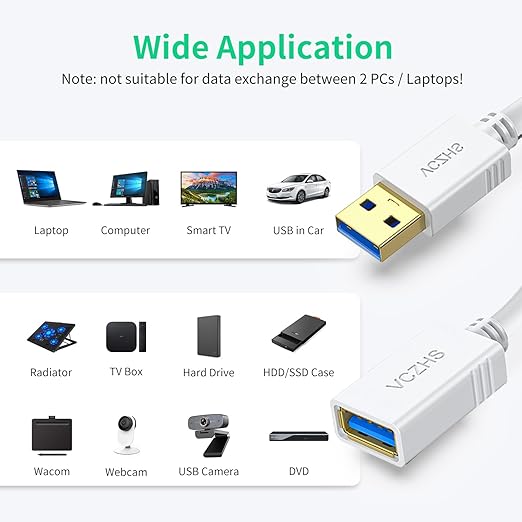 VCZHS Tech USB Extension Cable White 1ft, USB 3.0 Extender for High-Speed Data Transfer & Fast Charging, Durable & Flexible for Mouse, Keyboard, Printer, Flash Drive, Webcam, and More