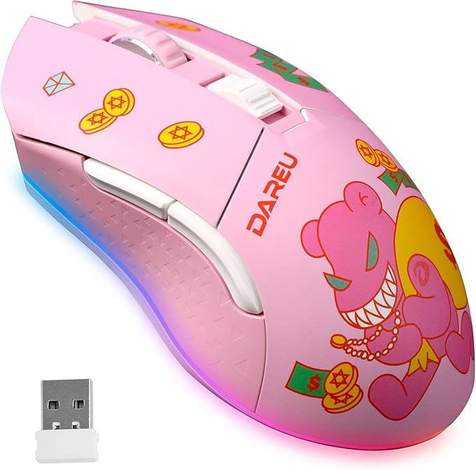 DAREU Pink Wireless Wired Gaming Mouse, Dual-Mode Rechargeable 7 Programmable Buttons,10K DPI,RGB and 7 Adjustable DPI Levels up to [150IPS] [1000Hz] for PC Notebook Mac(Lucky Bear)