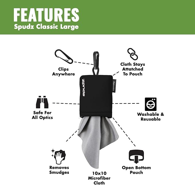 SPUDZ Classic Microfiber Lens Cleaner – Clip-On Pouch, Washable – for Binoculars, Scopes, Glasses, Screens | Blaze Orange, 10 x 10 Inch
