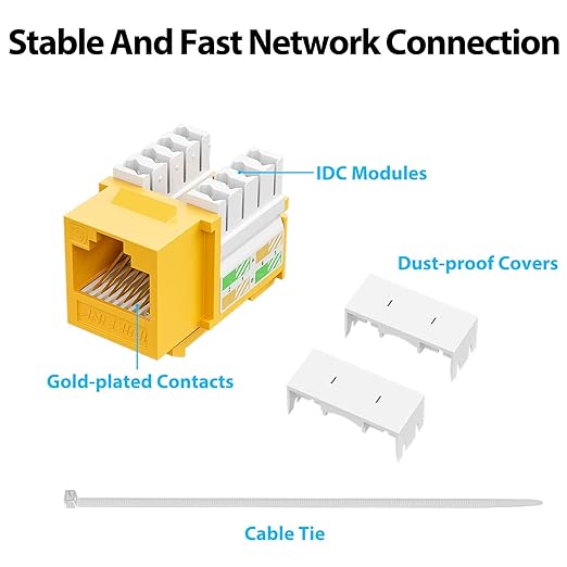 iwillink 10Gbps Cat6 Keystone Jack and Punch-Down Stand, 50-Pack, RJ45 Ethernet Keystone Jacks, 90-Degree UTP Modular Punch Down Keystone Jack Adapter, Yellow