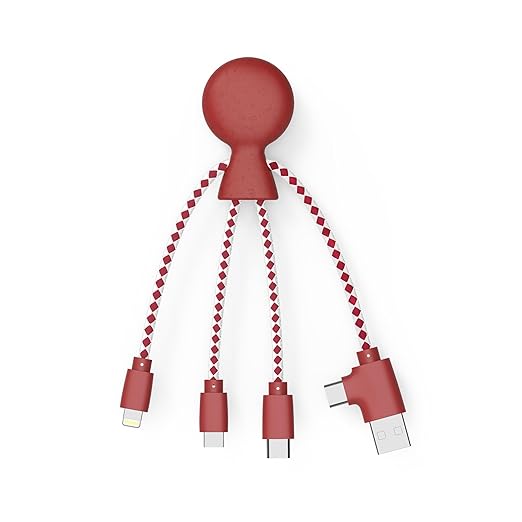 Multi USB Cable 4 in 1 - Universal Charger Made from Recycled Plastic - USB, USB-C, Lighting, Micro USB Ports - Compatible with All Smartphones Mr Bio RED Octopus