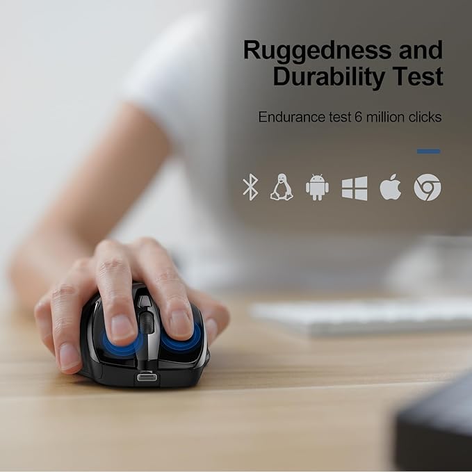 TECKNET Wireless Mouse (BT5.0/3.0 & 2.4G) Rechargeable 4800 DPI Silent USB A & Bluetooth Mouse 6 Buttons, Wide Compatibility - Black