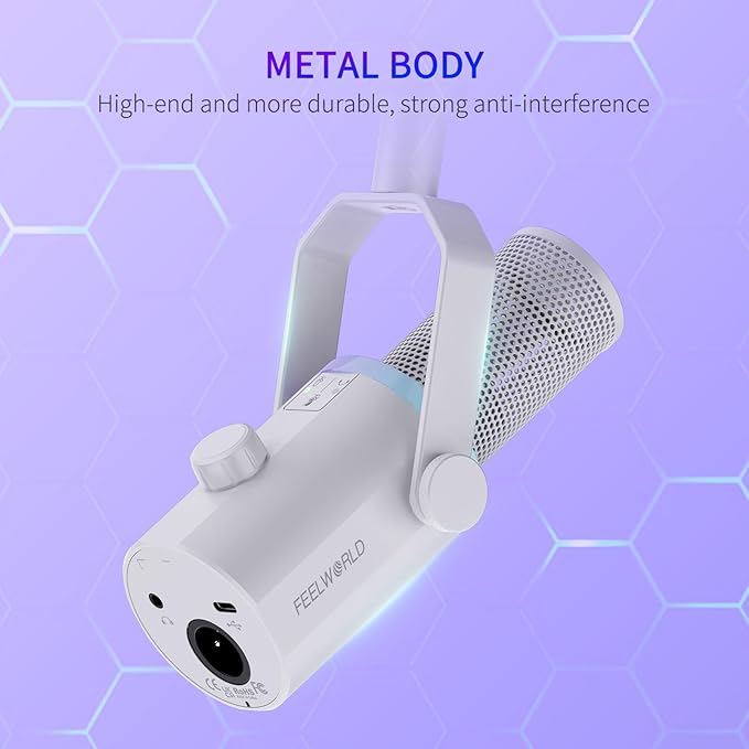 FEELWORLD PM1 XLR USB Dynamic Microphone with Desktop Stand Gifts for Podcast Recording PC Computer Gaming Streaming Vocal Voice-Over, Studio Metal Mic, RGB Light, Mute Button, Headphones Jack (White)