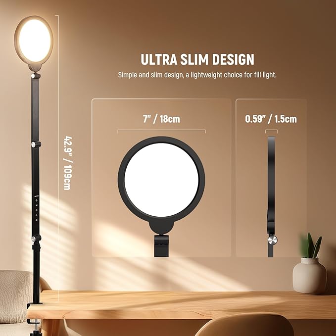 NEEWER Basics 18W 7" Desk Ring Light with Stand, Folding Arm, C Clamp, Full Screen LED Circle Ringlight for Video Conference Lighting Streaming Recording Makeup Phone Selfie Computer Laptop Zoom, R18