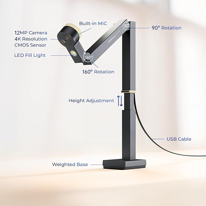CZUR Fancy S Pro USB Document Camera for Teacher, 12MP 4K Webcam with Microphone and LED Light, Up to 60fps, Auto Focus, for Remote Teaching, Web Conference, for Mac and Windows, Black