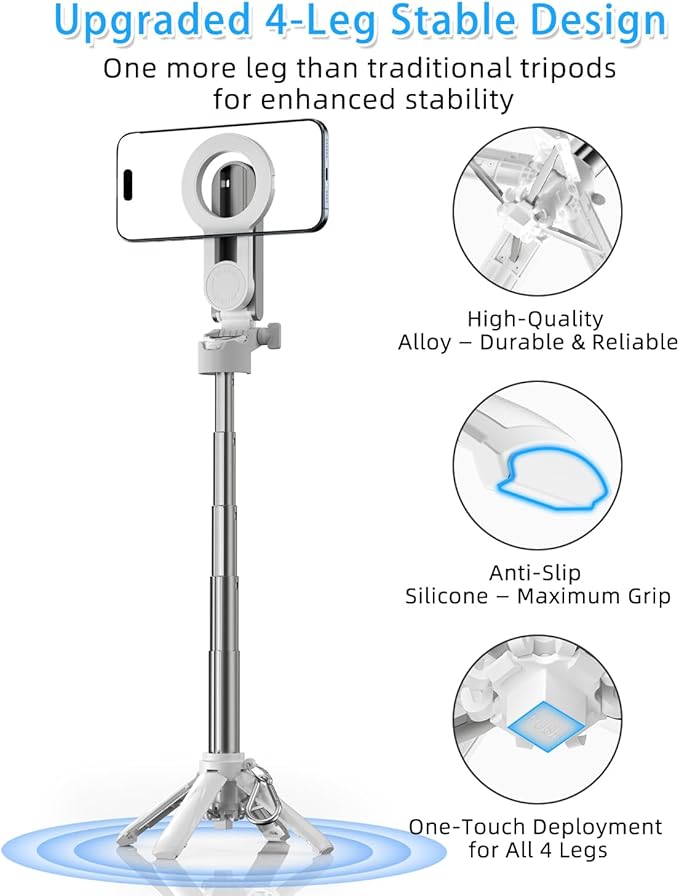 CloudValley Magnetic 4-in-1 Multifunctional Selfie Stick Tripod, Mini Portable Pocket Phone Stand with Detachable Remote, Compatible with MagSafe, for iPhone/Android, Travel Vlog, Live Stream, White