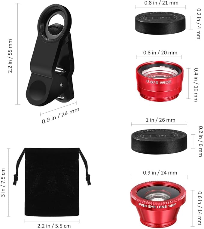 External Lens for Mobile Phone 3-in-1 Fisheye Macro Wide Angle Lens with Clip Aluminum Alloy Compatible with iPhone and Smartphones