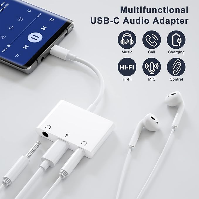 Headphone Adapter for iPad, Headphone Splitter for 2 Headphones,3 in 1 USB C to 3.5mm Jack Audio Adapter with 60W Fast Charging Compatible with S24/23 Ultra.