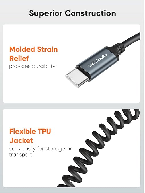 CableCreation Coiled USB C Cable, Coiled USB A to USB C Cable for Car Type C Charger Cable for Carplay & Android Auto Compatible with iPhone 16,15, Samsung Galaxy S24 / S23, Google Pixel, Tablet