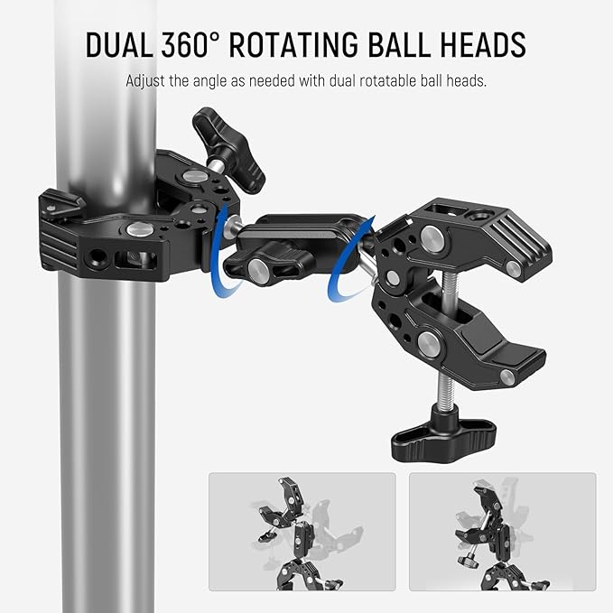 NEEWER Double Super Clamp with Magic Arm, Cleaning Cloth, Umbrella Camera Pole Clamp Mount for Desk Photo Studio Light Stand, Reflector, Scrim, Cross Bar, Motorcycle, Photography Accessories, UA036