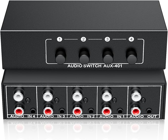 3.5mm Aux + RCA L/R Audio Switch Box 4 in 1 Out Bidirectional, BolAAzuL Stereo Audio Switcher Selector 4X1 Passive a/b Analog Audio Selector No Power Need