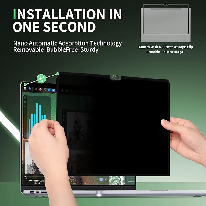 Privacy Screen for MacBook Pro 16 Inch(2024, 2023, 2022, 2021, M4-M1, Pro, Max), Anti Blue Light Glare Filter Removable Computer Protector, Bubble-Free Monitor Shield Laptop Film With Camera Cover