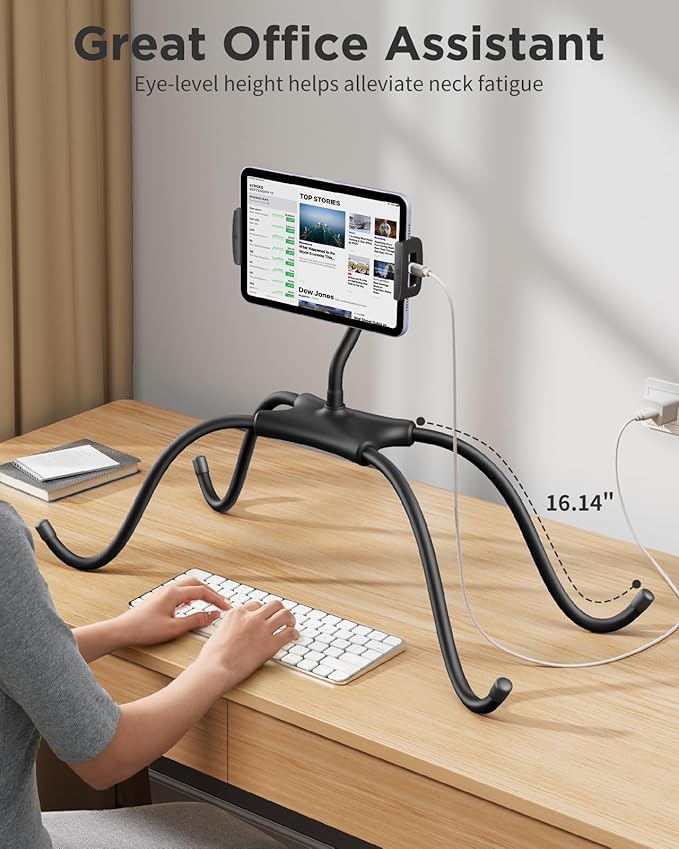 SAIJI iPad Stand, Adjustable Ergonomic Tablet Holder for Bed, Kindle Stand for Reading in Bed Fit for Tablet, Phone, Kindle, Portable Monitor, Switch and More 4.7"-17.3" Devices (Black)