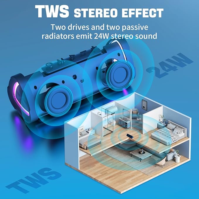 Vanzon Bluetooth Speakers V40 Portable Wireless Speaker V5.0 with 24W Loud Stereo Sound, TWS, 24H Playtime & IPX7 Waterproof, Suitable for Travel, Home&Outdoors - Blue (HIJ)