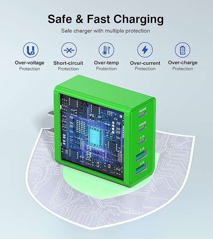 2 Pack 50W USB C Fast Charger Block,5-Port Type C Wall Charger Brick,2 USB A & 3 USB C PD3.0 Power Adapter Multiport Charging Plug Box for iPhone 12/13/14/15/16,Pad Mini/Pro, Cellphones(Green)