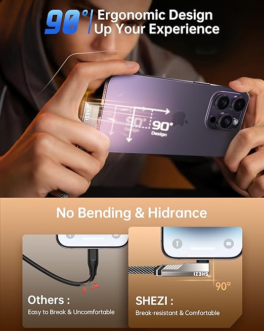 4-in-1 USB C Cable 3FT Compatible with Lightning Cable 90 Degree Fast Charging Flat Nylon Braided for iPhone/iPad Charger Cord Multi Charge Cord with L/USB C/USB A Ports, Grey