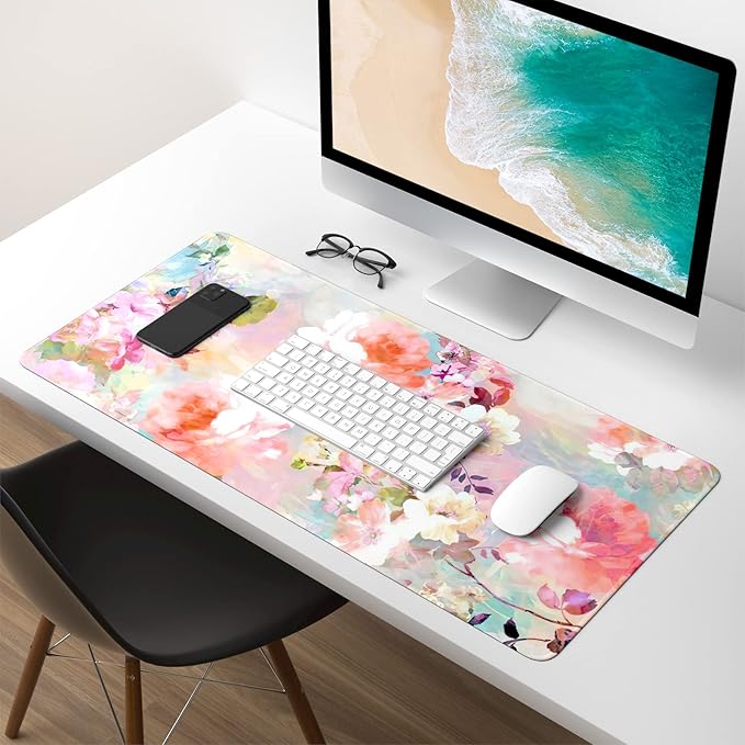 Extended Gaming Mouse Pad, XXL Large Desk Pad 30 x 14 Inch, Big Computer Keyboard Mousepad, Waterproof Mouse Mat with Stitched Edges and Non-Slip Base for Women Office Gaming, Flower