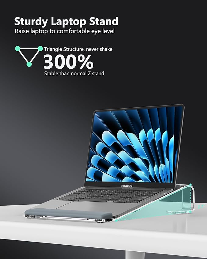 Clear Acrylic Laptop Stand for Desk, with Wrist Rest, Ergonomic Detachable Mount Compatible with 10-17'' All Laptops Such as MacBook Air Pro/HP/Dell/Lenovo