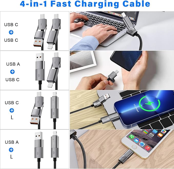 4 in 1 USB C Cable, 2Pack [Upgraded] Multi Fast Charging Cable, PD 65W 27W, 6FT+3FT, Round Braided, Compatible with iPhone/iPad/Samsung/MacBook