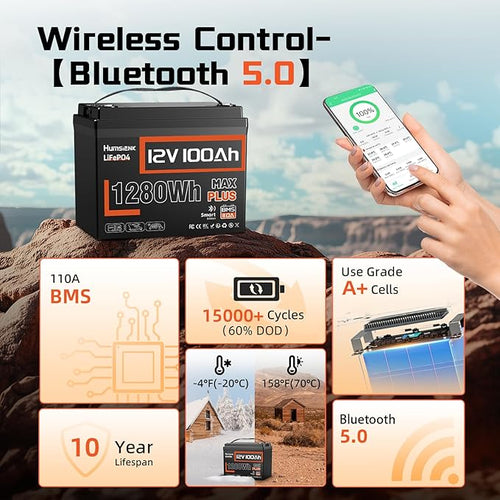12V 100Ah LiFePO4 Lithium Battery, Built-in 110A BMS & Bluetooth 5.0,15000+ Deep Cycles 1280Wh Lithium Batterys, IP67 Perfect for Trolling Motor, RV, Boat, Solar Off-Grid