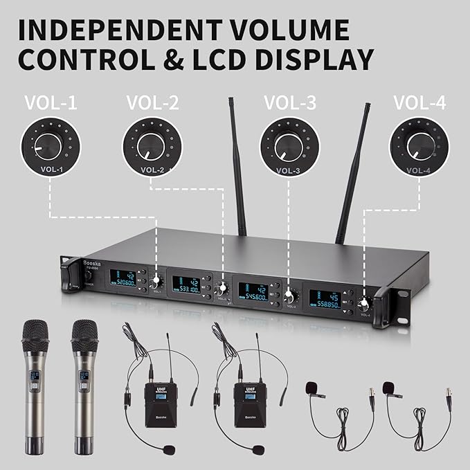 4 Channel Wireless Microphone System UHF 2 Cordless Handheld Mics and 2 Lavalier Headset Mics for Karaoke Church Speaking Conference Meeting Party, 4x25 Adjustable Frequency (2 Handheld + 2 Bodypack)
