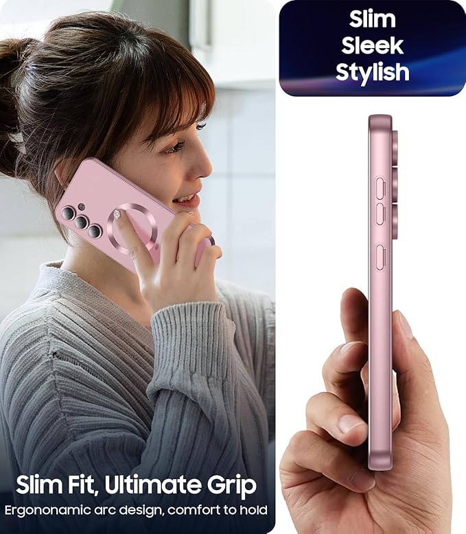 Magnetic for Samsung Galaxy S24 FE Case [Compatible with MagSafe][Built-in Camera Lens Protector] Slim Soft Silicone Bumper Shockproof Metallic Luster Phone Cover (Rose Gold)