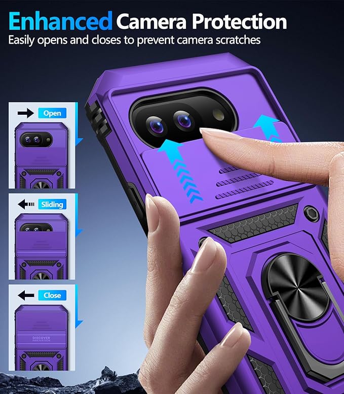 Taisairu for Google Pixel 9A Case with Screen Protector & Slide Camera Lens Cover, Built-in 360°Rotate Magnetic Ring Stand Shockproof Protective Phone Case for Google Pixel 9A Case (Purple)