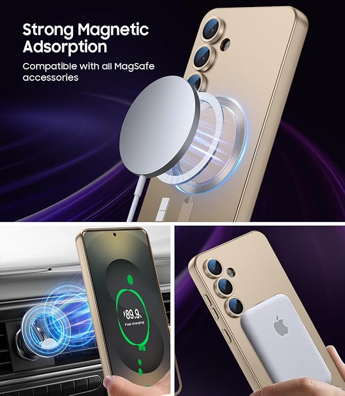 Magnetic for Samsung Galaxy S25 Case [Compatible with MagSafe][Built-in Camera Lens Protector] Slim Soft Silicone Bumper Shockproof Metallic Luster Phone Shell (Gold)