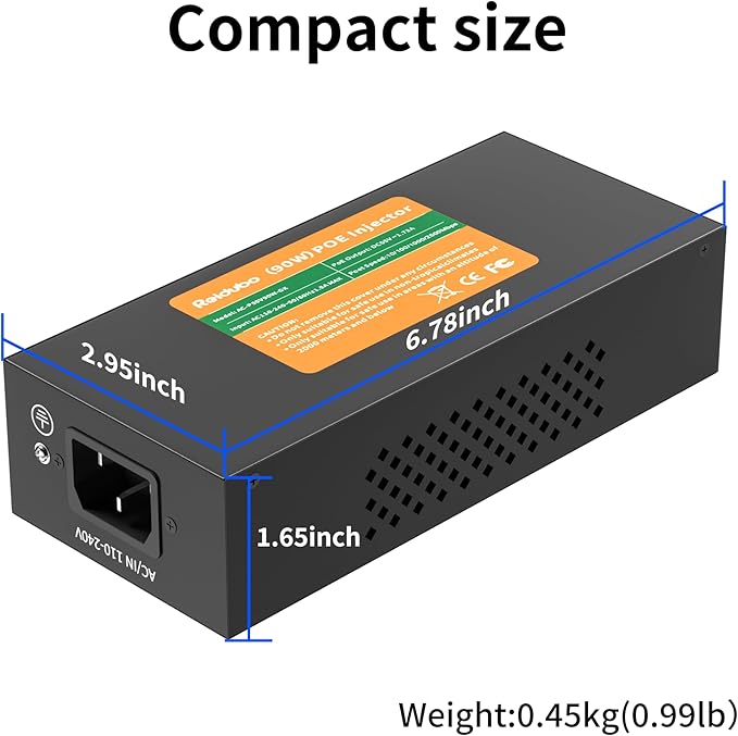 2.5Gb PoE Injector Adapter 90W, IEEE 802.3bt/at/af Compliant, Converts Non-PoE to PoE Network, 100/1000/2500Mbps RJ45, Up to 328 ft, Plug & Play (90W)