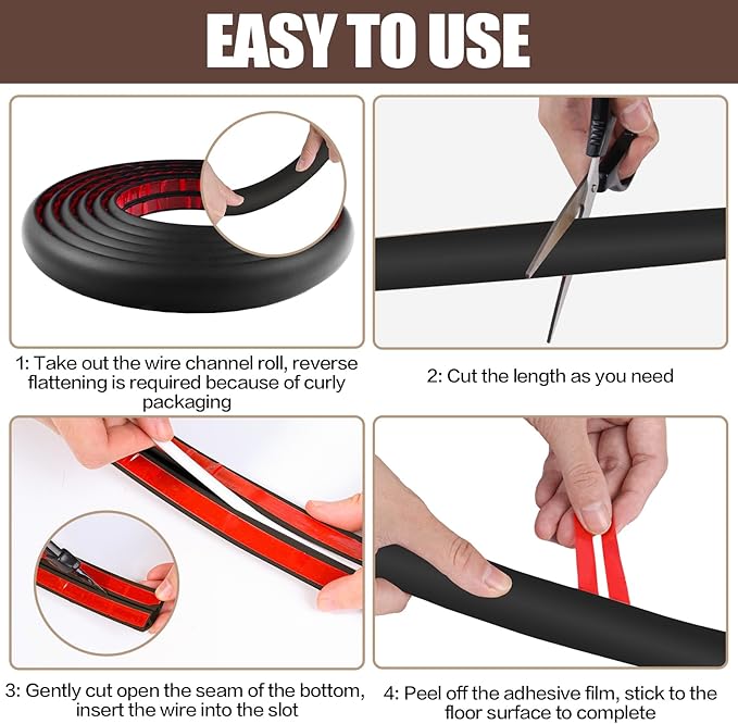 Floor Cord Cover Self Adhesive Cord Hider,10FT Cable Management, Extension Strip Protector for Wires, Prevent Cable Trips for Offices, Gyms, Exhibitions Cavity:0.51"(W) x 0.3"(H) Black