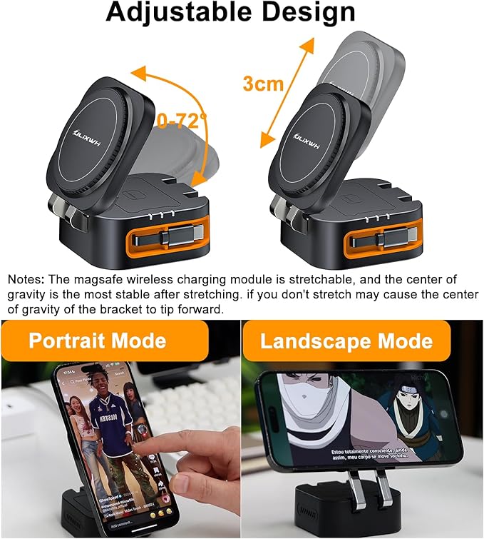 2025 Retractable 3 in 1 Charging Station for Apple,15W Fast for MagSafe Magnetic Wireless Charger with Retractable Cable, Foldable Travel Stand for iPhone 16 15 14 13 12 Pro Max iWatch Airpods