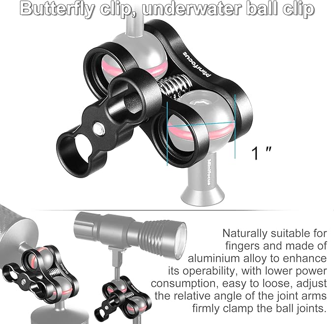 MINIFOCUS 4PCS 1'' Aluminum Ball Clamp Mount for Underwater Diving Light Arms Tray System, Photography Diving Camera, 360° Clip Adapter Bracket for Action Camera Flashlight Arms System