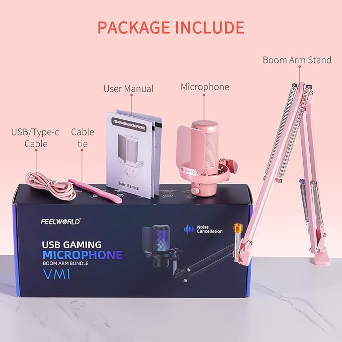 FEELWORLD VM1 Pink Gaming PC USB Microphone Condenser Mic with Noise Cancellation Mute RGB Light, Computer Accessories Gifts for Gamer YouTube Twitch Podcast Streaming Recording Online Chat PS4 PS5