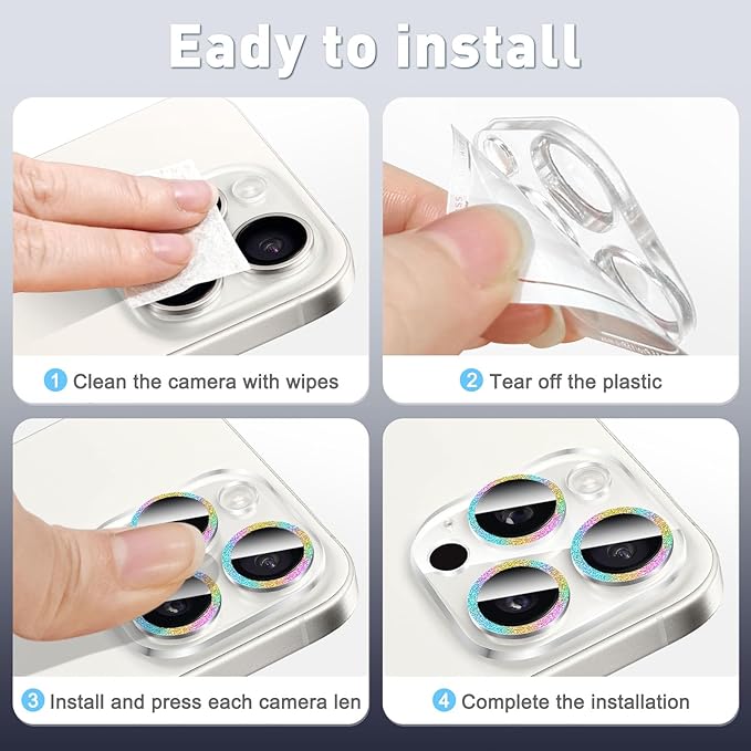 LucBuy 3PCS Sparkling Camera Lens Protector for iPhone 12/iPhone 12 Mini, Full Clear Acrylic Cover with Shiny Colorful Glitter Designed Decoration Back Camera Protector