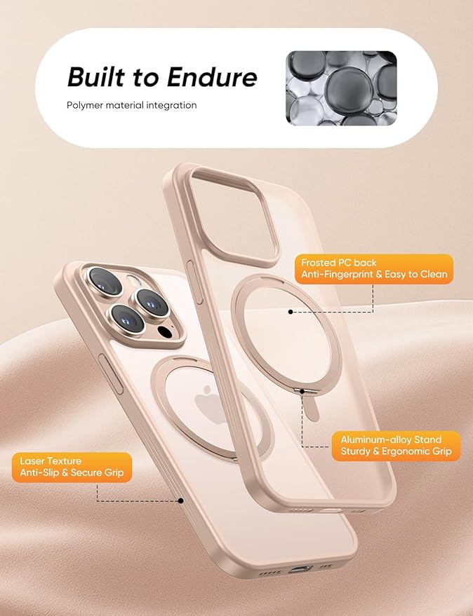MAGIC JOHN 360° Rotatable Magnetic Invisible Stand for iPhone 15 Pro Case [Anti-Slip Grip] [Compatible with MagSafe] 16FT Shockproof for iPhone 15 Pro Case with Kickstand, Rose Gold