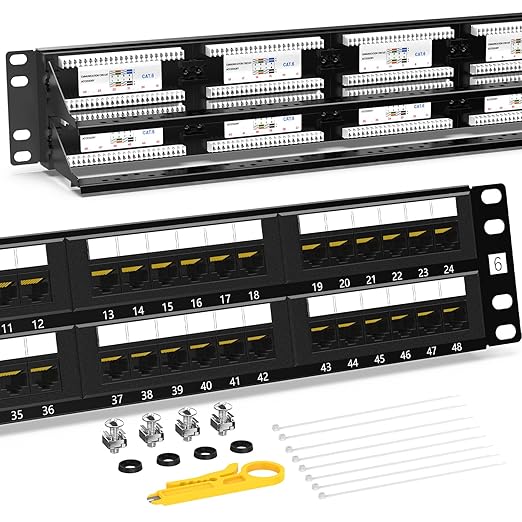 AMPCOM Premium Series CAT6 48 Ports Patch Panel, Rack Mount - 2U, 19 inch, RJ45 Ethernet 568A 568B, 15u Gold Plated, with Rear Cable Support Bar