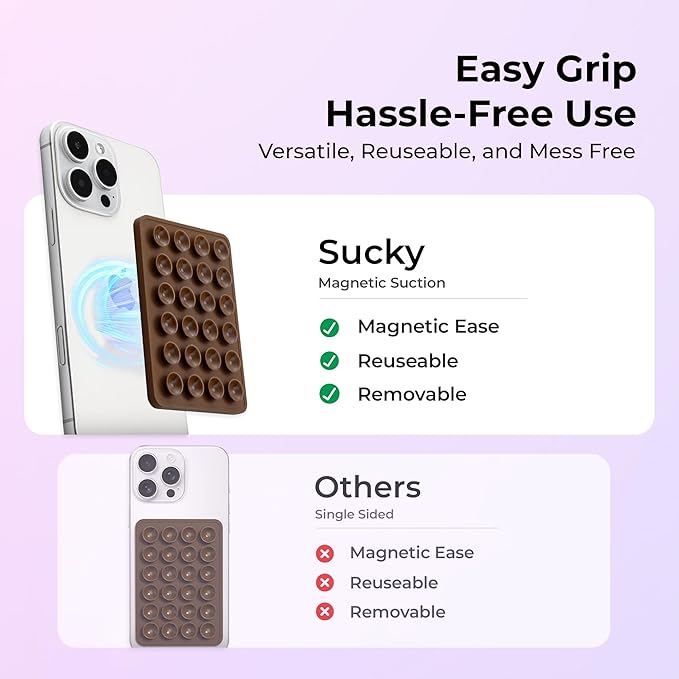 Sucky Upgraded Magnetic Suction Cell Phone Grip for MagSafe Case, Silicone Octo Cup Buddy Holder, Durable Magnet Phone Accessory for iPhone and Android (Clear)